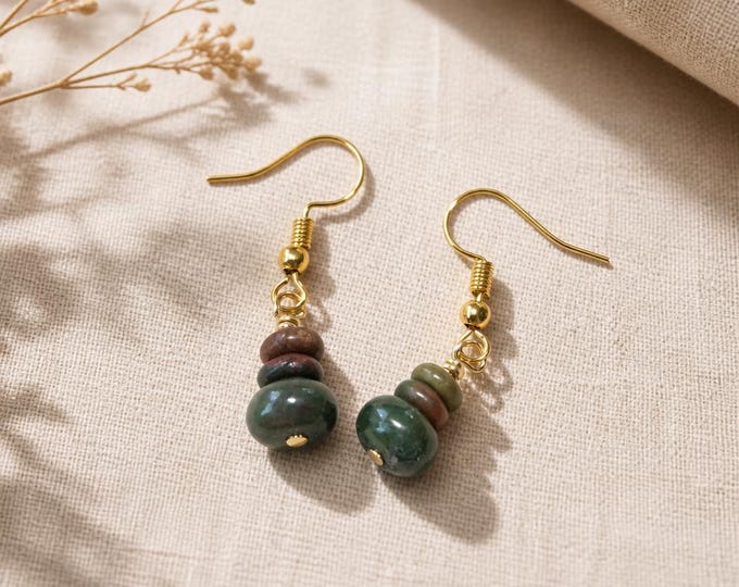 Indian Jasper Green-Brown Stacked Dangle Earrings, Gold Lever Back, Boho Natural Stone
