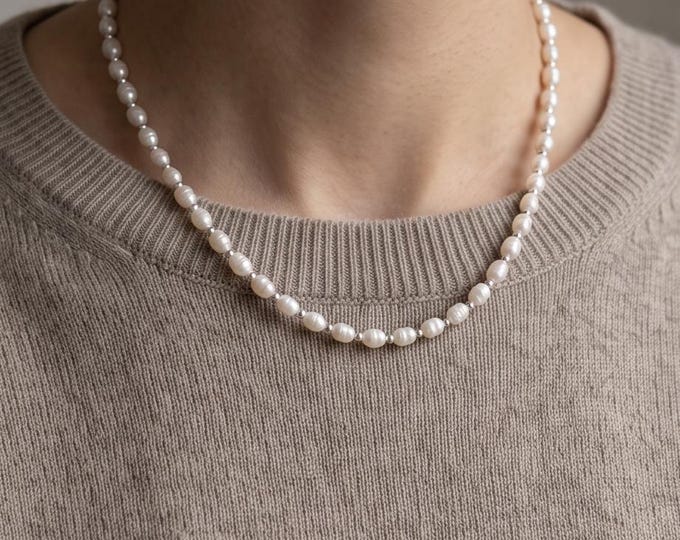 Natural Freshwater Rice Pearl Silver Bead Necklace, Classic Feminine Everyday, Gift for Her
