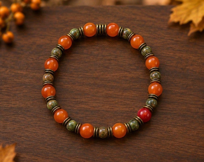 Orange Glass and Unakite Beaded Stretch Bracelet with Bronze Spacers