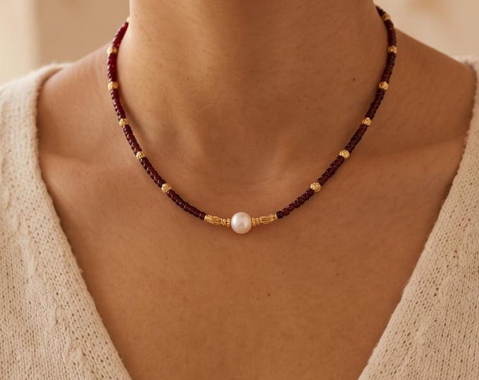 Ruby Red Garnet and Pearl Necklace with Gold Accents, January Birthstone Gift