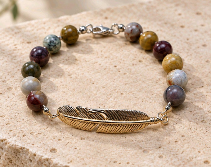 Mookaite Beaded Feather Stretch Bracelet