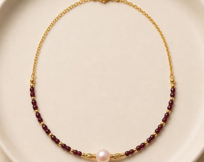 Ruby Red Garnet Pearl Necklace, Gold Accents, January Birthstone Gift for Her