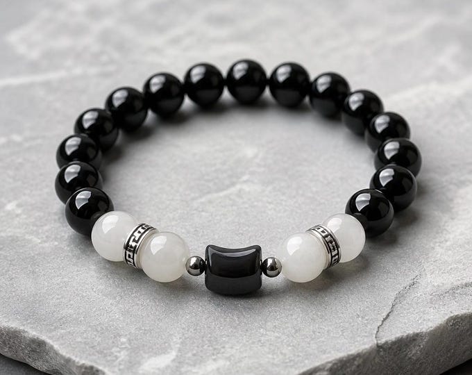 Black Cat Charm, Black Onyx and White Chalcedony Beaded Stretch