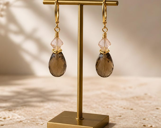 Amber & Pink Faceted Crystal Teardrop Earrings, Gold