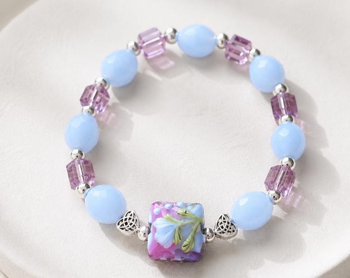 Handmade Lampwork Flower Bead Stretch Bracelet, Blue Purple Crystal, Silver Accents