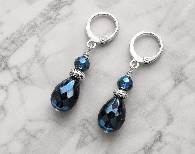 Midnight Navy Faceted Crystal Teardrop Earrings, Aurora Borealis Sparkle, Deep Blue Silver Dangle