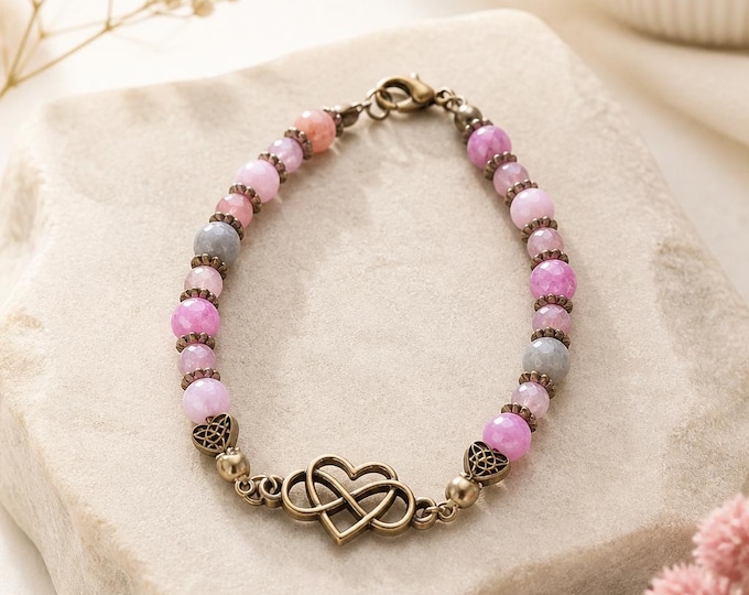 Pink Tourmaline Infinite Love Bracelet, Pink Crystal, Brass Charm, Meaningful Gift