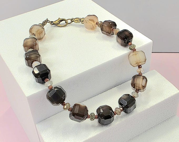Agate Faceted Cube Bracelet with Jasper and Sandstone Spacers, Antiqued Bronze