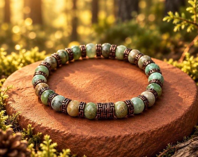 Green Angelite Stone Beaded Stretch Bracelet with Copper Spacers