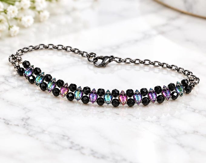 Black Faceted 4mm Crystal and Diamond Iridescent Beaded Bracelet, Fits 6.25 - 8.5 in Wrists