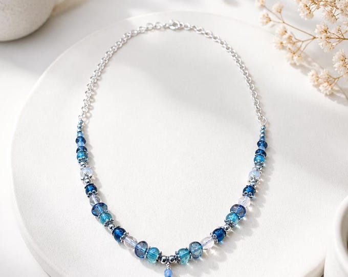 Blue Abstract Glass Teardrop Pendant Necklace, Silver Beaded, Coastal Boho Statement