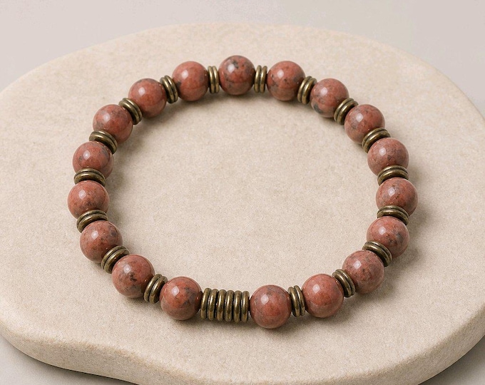 Rust-Red 8mm Sesame Jasper Stretch Bracelet with Bronze Spacers and Focal Bead, Handcrafted Fall Style