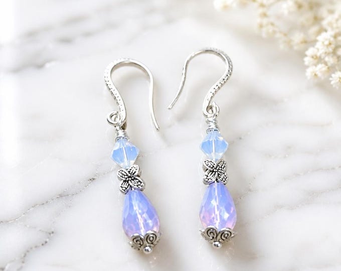 Lavender Opal Teardrop Crystal Earrings, Silver Dangle, Bridesmaid Gift, Wedding Jewelry