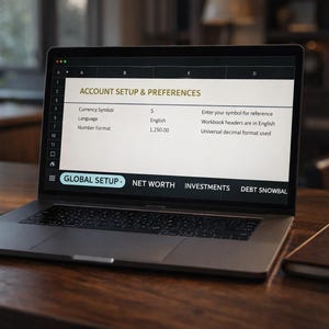 Peut inclure: Un ordinateur portable affichant un écran de configuration de compte avec le texte "ACCOUNT SETUP & PREFERENCES". L'écran affiche les paramètres de symbole monétaire, de langue et de format numérique. Un bloc-notes et un stylo sont sur le bureau en bois.