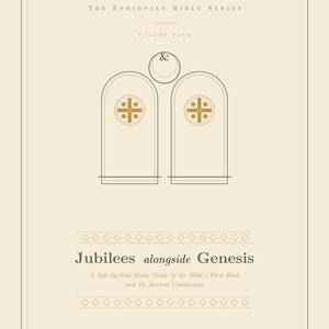 Può includere: Copertina del libro "Giubilei accanto alla Genesi" della "Serie Biblica Etiopica". Sfondo color crema con disegni geometrici e testo in carattere serif. Due forme ad arco con disegni a croce in alto.