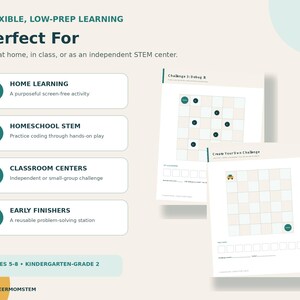 May include: Educational STEM activity sheets featuring a grid-based coding challenge. The text includes FLEXIBLE, LOW-PREP LEARNING, Perfect For, HOME LEARNING, HOMESCHOOL STEM, CLASSROOM CENTERS, EARLY FINISHERS, and AGES 5-8 KINDERGARTEN-GRADE 2.