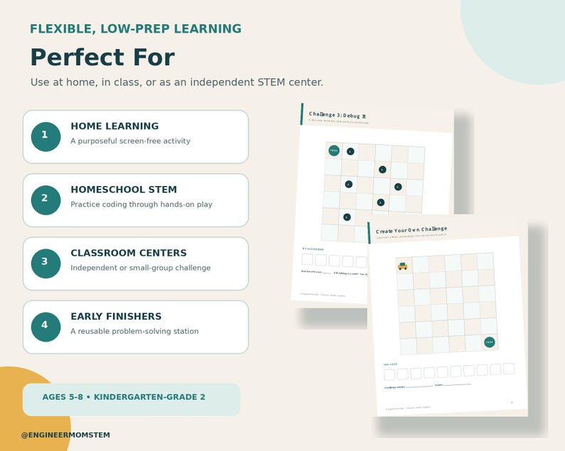 May include: Educational STEM activity sheets featuring a grid-based coding challenge. The text includes FLEXIBLE, LOW-PREP LEARNING, Perfect For, HOME LEARNING, HOMESCHOOL STEM, CLASSROOM CENTERS, EARLY FINISHERS, and AGES 5-8 KINDERGARTEN-GRADE 2.
