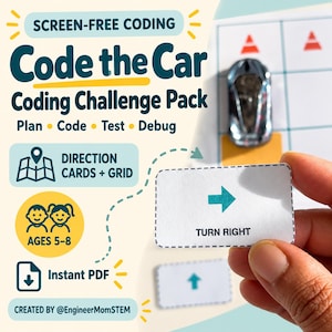 Screen-Free Coding Activity Pack, Code the Car Printable Game for Kids Ages 5-8