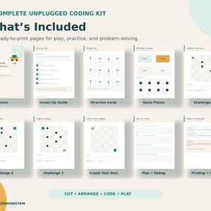 May include: A complete unplugged coding kit featuring 10 printable pages titled Code The Car. The set includes a cover, grown-up guide, direction cards, game pieces, three challenge grids, a create your own sheet, plan plus debug, and printing instructions.