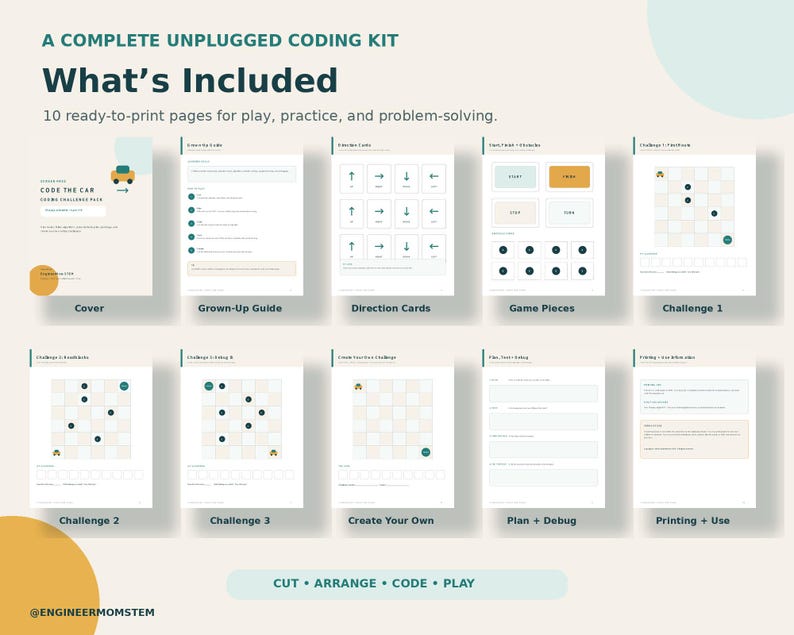 May include: A complete unplugged coding kit featuring 10 printable pages titled Code The Car. The set includes a cover, grown-up guide, direction cards, game pieces, three challenge grids, a create your own sheet, plan plus debug, and printing instructions.
