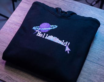Retro Space Cat Gamer Hoodie | Pixel Pullover, Hello World Text