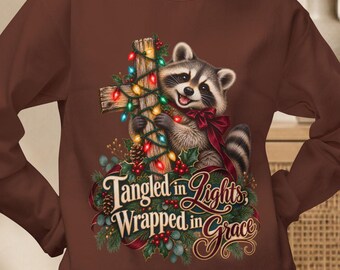 Raccoon Christmas Lights Sweatshirt, Christian Cross Crewneck, Tangled in Lights Wrapped in Grace, Funny Christian Christmas Gift