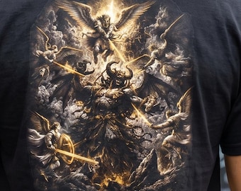 Angels Battle Devil T-Shirt | Battle Scene Religious Graphic Tee