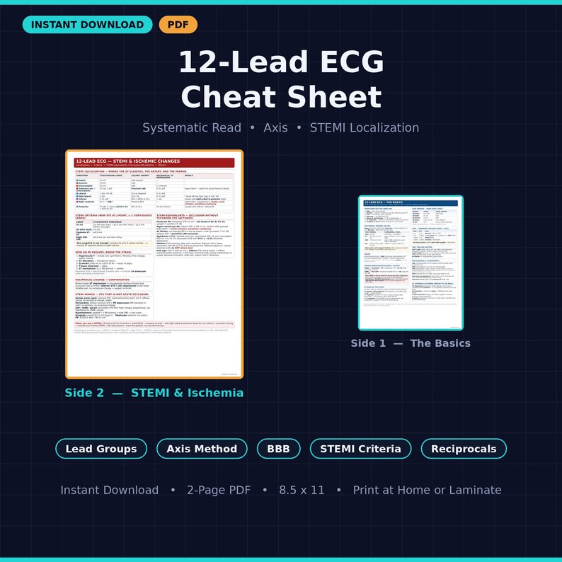 K&ouml;nnte beinhalten: Ein 12-Kanal-EKG-Spickzettel als zweiseitiges PDF-Dokument. Seite 1 tr&auml;gt den Titel The Basics, Seite 2 den Titel STEMI & Ischemia. Das Dokument enth&auml;lt Abschnitte zu Ableitungsgruppen, Achsenbestimmung, BBB, STEMI-Kriterien und reziproken Ver&auml;nderungen.