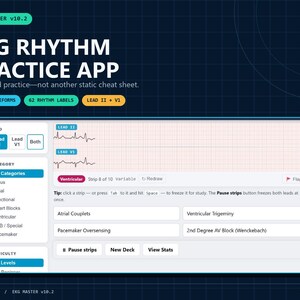 Op de afbeelding: De EKG Master v10.2 app-interface toont een EKG-ritme oefentool met 1.500 golfvormen en 62 ritmelabels. Het scherm bevat Lead II en Lead V1 grafieken, categorie-selectie, moeilijkheidsgraden en knoppen voor pauze, nieuwe deck en statistieken bekijken.