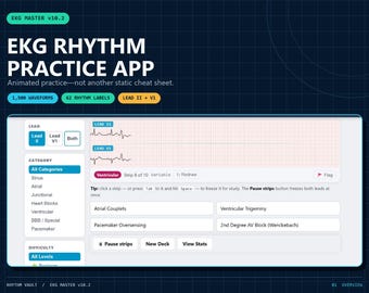 EKG Rhythm Practice App for Nurses | 1,500 Animated Lead II + V1 Waveforms