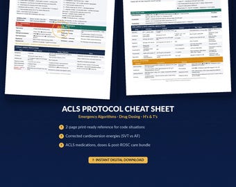 ACLS Protocol Cheat Sheet PDF | Cardiac Arrest Algorithms | Cardioversion Guide | Code Blue Reference