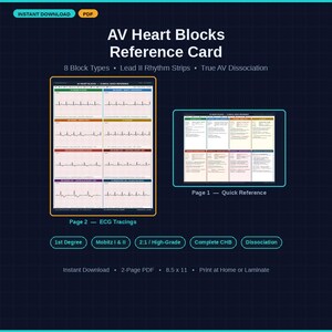 Op de afbeelding: Een tweepaginalange PDF-referentiekaart getiteld AV Heart Blocks Reference Card. Pagina 1 toont een klinische snelgids, terwijl pagina 2 acht ECG-ritmestroken weergeeft. Het document bevat afmetingen van 21,6 x 27,9 cm en labels voor 1st Degree, Mobitz I & II, 2:1/High-Grade, Complete CHB en Dissociation.