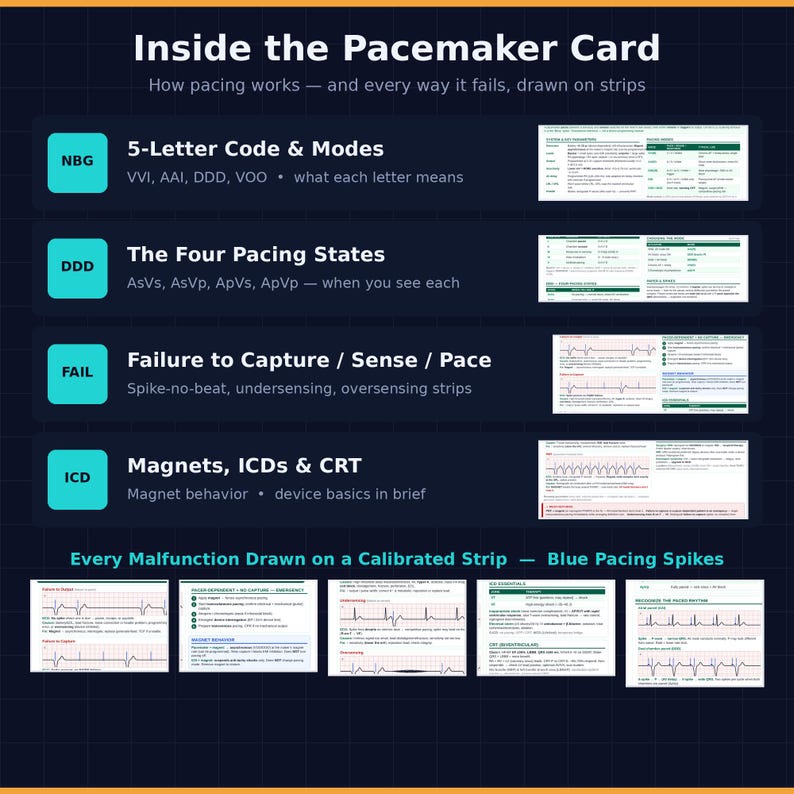 May include: An educational reference card titled Inside the Pacemaker Card, featuring sections on NBG 5-Letter Code, Four Pacing States, Failure to Capture, Sense, Pace, and Magnets, ICDs, and CRT, with ECG strips and technical medical text.