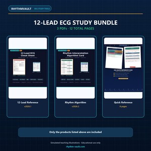 May include: A 12-lead ECG study bundle containing three PDF documents totaling 12 pages. The bundle includes a 12-lead ECG cheat sheet, a rhythm interpretation algorithm card, and an EKG quick reference card, all displayed on a dark blue background.