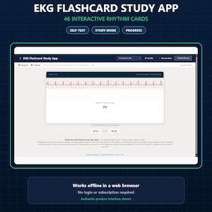 May include: The RhythmVault EKG Flashcard Study App features 46 interactive rhythm cards with self-test, study mode, and progress tracking. The interface displays an EKG strip, a prompt to identify the rhythm, and navigation buttons for web browsers.