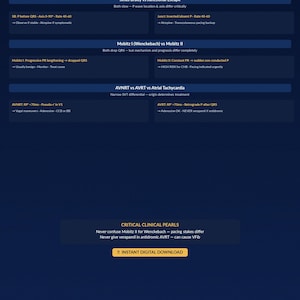 Op de afbeelding: Een digitaal document met geannoteerde diagnostische criteria voor medische doeleinden. Het behandelt onderwerpen als Sinus Bradycardie en AVNRT. De tekst is wit op een donkerblauwe achtergrond. Bevat een call to action: "Instant Digital Download."