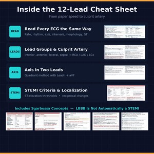 K&ouml;nnte beinhalten: Ein dunkelblaues Lernblatt mit dem Titel Inside the 12-Lead Cheat Sheet. Es enth&auml;lt vier Hauptabschnitte: Read Every ECG the Same Way, Lead Groups & Culprit Artery, Axis in Two Leads und STEMI Criteria & Localization, erg&auml;nzt durch kleine Textbeispiele.