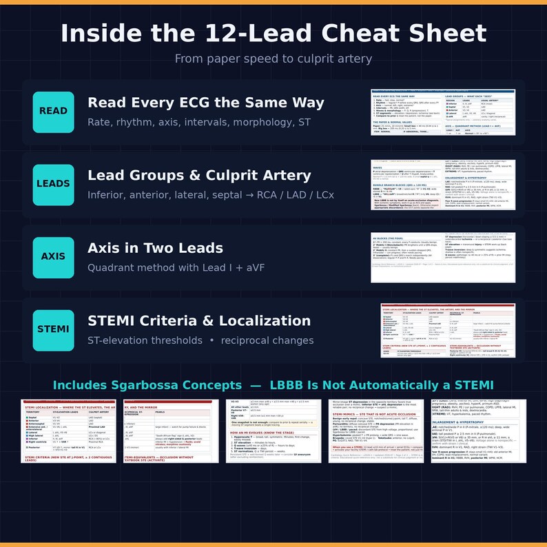 K&ouml;nnte beinhalten: Ein dunkelblaues Lernblatt mit dem Titel Inside the 12-Lead Cheat Sheet. Es enth&auml;lt vier Hauptabschnitte: Read Every ECG the Same Way, Lead Groups & Culprit Artery, Axis in Two Leads und STEMI Criteria & Localization, erg&auml;nzt durch kleine Textbeispiele.