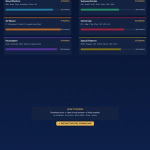Puede incluir: Una gu&iacute;a de estudio digital titulada "Study 50 Rhythms Anywhere" con un fondo azul oscuro. Organizada en secciones como Ritmos sinusales, Bloqueos AV y Marcapasos, cada una con barras de progreso. El texto "Instant Digital Download" es visible.