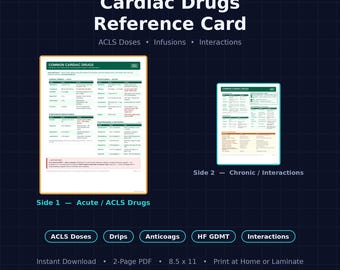 Cardiac Drugs Reference Card | ACLS Doses Drips Anticoagulants Interactions | ICU ER Nursing Pharmacology Cheat Sheet | Digital Download