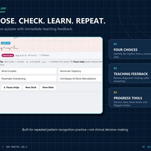 Op de afbeelding: Een digitale interface voor een ECG-oefentool met de tekst CHOOSE. CHECK. LEARN. REPEAT. Het scherm toont een medische quiz met vier keuzemogelijkheden, een ritmestrook en knoppen met de labels Pause strips, New Deck en View Stats.
