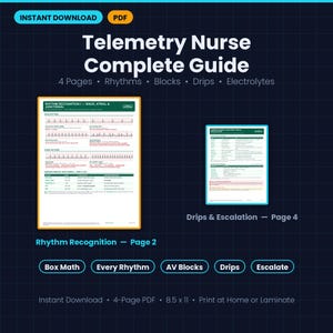 May include: A 4-page Telemetry Nurse Complete Guide PDF document featuring rhythm recognition, blocks, drips, and electrolytes. The guide includes pages titled Rhythm Recognition I and Drips & Escalation, with 8.5 x 11 inch dimensions.