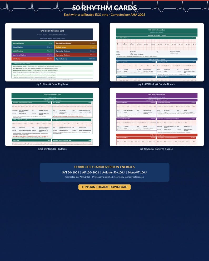 Puede incluir: Una descarga digital con el texto "50 RHYTHM CARDS" y "Each with a calibrated ECG strip. Corrected per AHA 2025." El gr&aacute;fico incluye cuatro tarjetas de referencia con informaci&oacute;n de ritmo de ECG y energ&iacute;as de cardioversi&oacute;n corregidas.