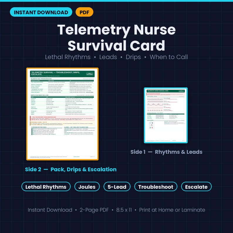 May include: A two-page Telemetry Nurse Survival Card digital download in PDF format. The document features medical reference charts for lethal rhythms, leads, drips, and escalation protocols, measuring 8.5 by 11 inches for home printing.