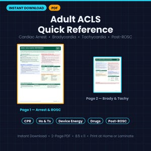 Könnte beinhalten: Ein zweiseitiges digitales PDF-Dokument mit dem Titel Adult ACLS Quick Reference, das medizinische Algorithmen für Herzstillstand, Bradykardie, Tachykardie und Post-ROSC-Versorgung enthält. Die Seiten sind 8,5 x 11 Zoll groß und enthalten Abschnitte für HLW, Hs & Ts, Geräteenergie und Medikamente.