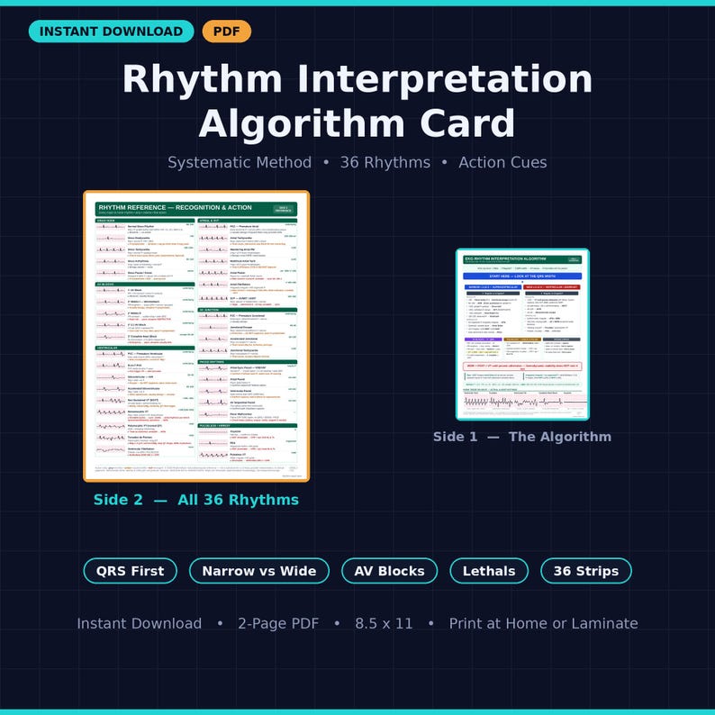 May include: A Rhythm Interpretation Algorithm Card digital download featuring two pages. Side 1 displays the algorithm, while Side 2 lists 36 rhythms with recognition and action cues. The document is formatted for 8.5 x 11 inch paper printing.