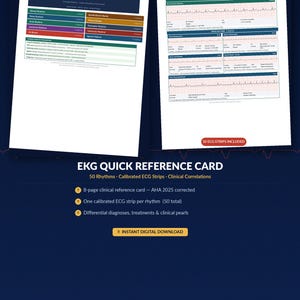 Puede incluir: Una tarjeta de referencia rápida digital de ECG con 50 ritmos, tiras de ECG calibradas y correlaciones clínicas. La tarjeta incluye una referencia clínica de 8 páginas, una tira de ECG calibrada por ritmo y diagnósticos diferenciales.