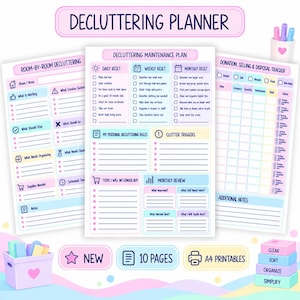 May include: A decluttering planner set featuring three A4 printable pages with pastel-coloured sections for room-by-room organisation, maintenance plans, and donation trackers. The pages include checklists, tables, and headers like Decluttering Maintenance Plan, Donation, Selling & Disposal Tracker, and Room-by-Room Decluttering. Decorative elements include a small container with pens and a stack of blocks labelled Clear, Sort, Organise, and Simplify.