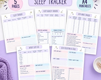 May include: A set of five A4 printable sleep tracker pages featuring a sleep tracker, sleep quality tracker, sleep habits tracker, weekly sleep log, and sleep reflection and goals. The documents include tables, checklists, and sections for notes.