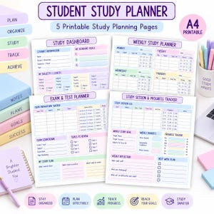 May include: A set of five printable A4 student study planner pages featuring a study dashboard, weekly study planner, exam and test planner, and study session and progress tracker. The documents include pastel-colored sections for organizing academic goals, subjects, exam preparation, and weekly reflections with clear headings and checkboxes.